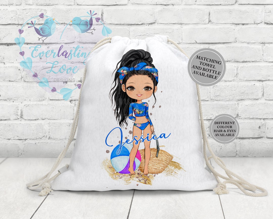 Personalised Beach Girl Gym Bag, Girls Kids Drawstring Bag, Childrens School PE Bag, Swim Bag