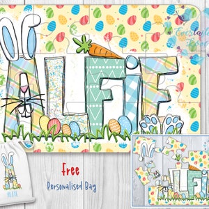 May include: A personalized Easter jigsaw puzzle with a bunny and the name "Alfie" in colorful letters. The puzzle is on a yellow background with a pattern of Easter eggs. The puzzle comes with a free personalized bag.