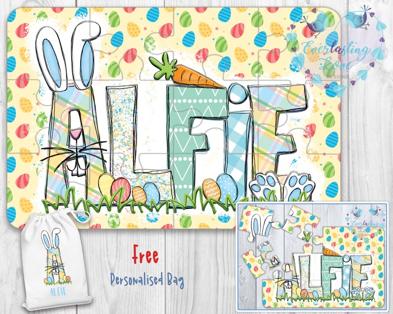 May include: A personalized Easter jigsaw puzzle with a bunny and the name "Alfie" in colorful letters. The puzzle is on a yellow background with a pattern of Easter eggs. The puzzle comes with a free personalized bag.