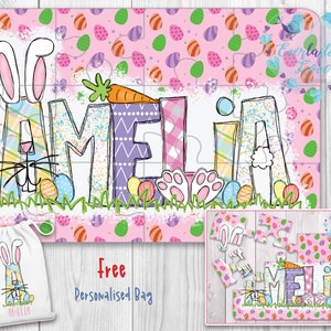May include: A personalized Easter jigsaw puzzle with a bunny and the name Amelia. The puzzle is on a pink background with a pastel egg pattern. A free personalized bag is included.