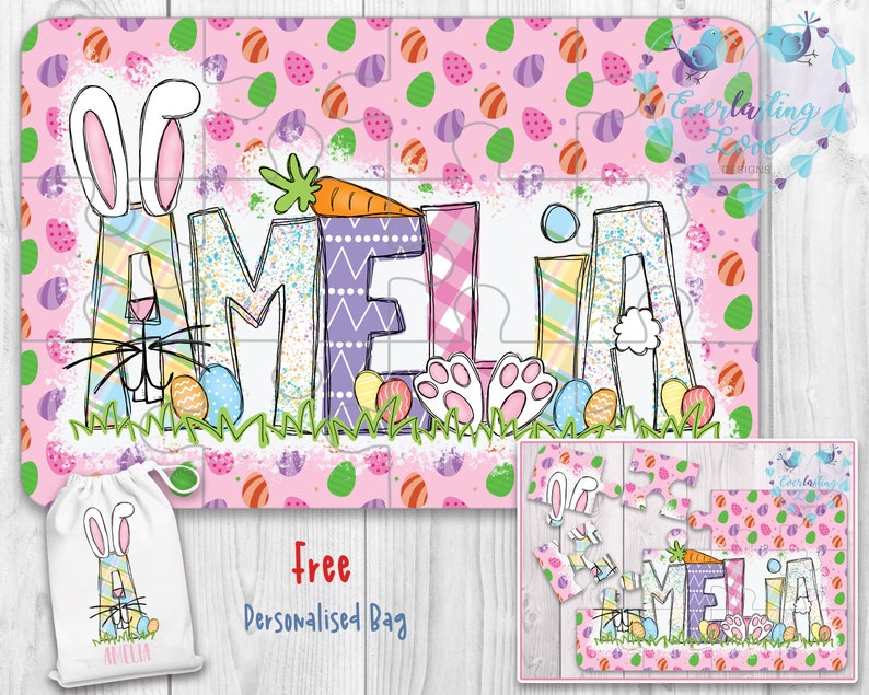 May include: A personalized Easter jigsaw puzzle with a bunny and the name Amelia. The puzzle is on a pink background with a pastel egg pattern. A free personalized bag is included.