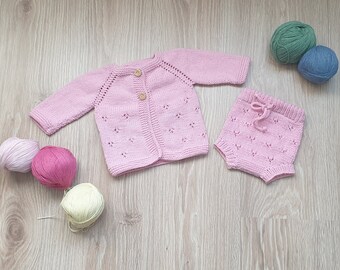 Hand Knitted Cotton Baby Outfit, Knitt Baby Sweater and Bloomers Set, Welcome Baby Gift, Handknit baby clothes, Baby outfit