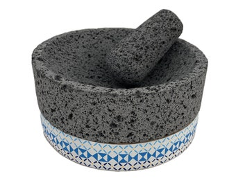 Beautiful Molcajete 8in Diameter and Tejolote made of Volcanic Stone with Parota Wood Base handpainted