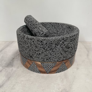 Beautiful Molcajete 8in Diameter and Tejolote made of Volcanic Stone with Parota Wood Base handpainted