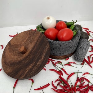 Beautiful Molcajete and Tejolote made of Volcanic Stone with Wood Base and Lid