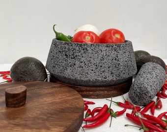 Beautiful Molcajete and Tejolote made of Volcanic Stone with Wood Base and Lid - Tectoc