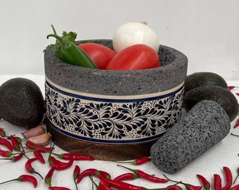 Molcajete and Tejolote Made of Volcanic Stone with Hand Painted Ceramic and Parota Wood Base