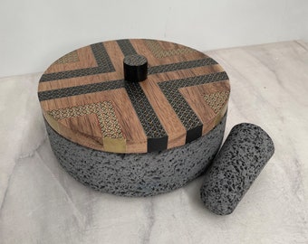 Mexican Tortillero Handmade of Volcanic Stone and Handpainted Parota Wood lid - Tortilla Warmer / Includes Tejolote to Use as Molcajete
