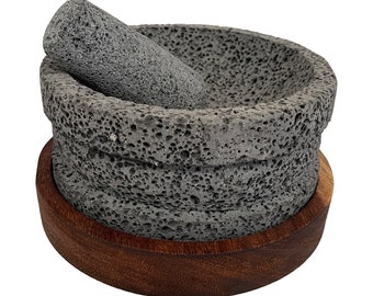 Alaxtic - Molcajete and Tejolote made of Volcanic Stone with Wood Base