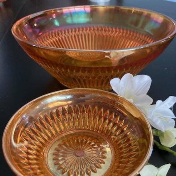 1940-60 Jeanette Glass Co Anniversary Iridescent Marigold Bowls- Serving Bowl - Fruit Bowl & Berry (Small) Fruit Bowl Set -Carnival Glass