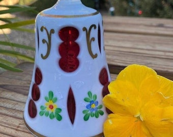 VTG Czech Bohemian Cased Milk Glass Overlay on Ruby Cranberry Hand Painted Cut to Clear Faceted W/6 Sided Clear Handled Bell