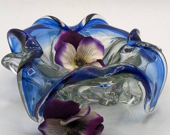 1960 Mid Century Art Glass Blue & Clear Dish-Blown Glass-Applied Glass-Italian Glass-Ribbon Blue Sommerso Trim-Heavy-Bowl-Ashtray