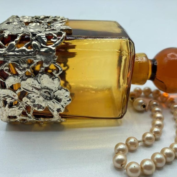 1960 Czech Art Nouveau Revival Glass Amber & Pewter Plated Silver Stone Sleeve Perfume/Snuff Bottle W/Orb Stopper