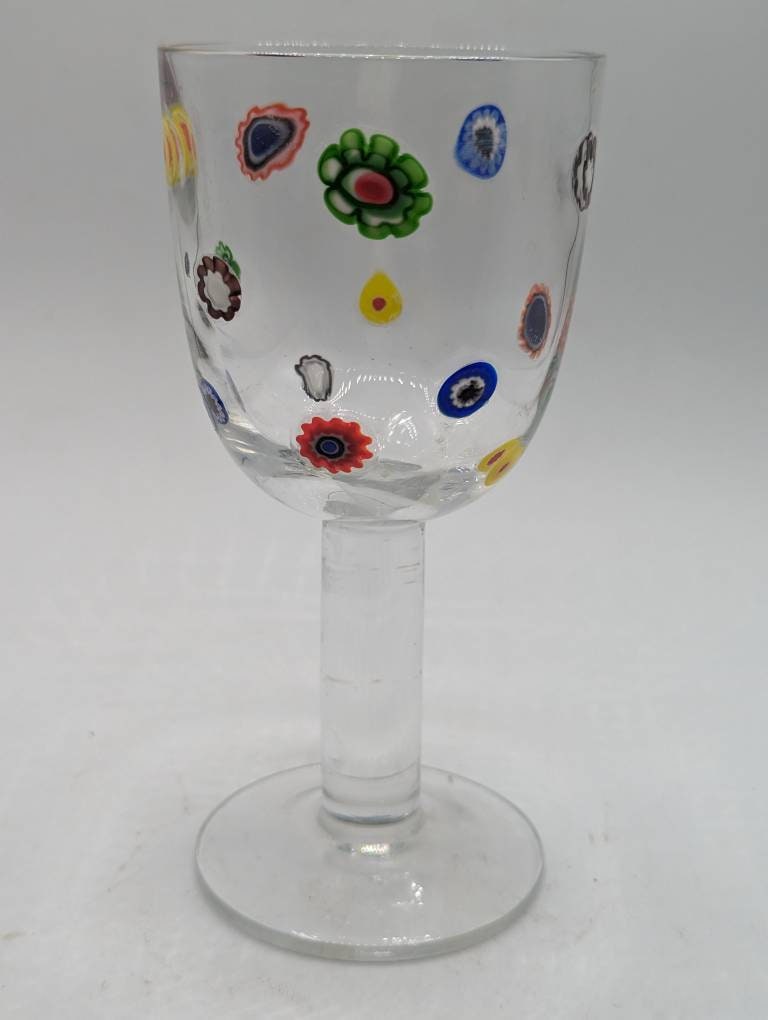 Leonardo Murano Multicolored Floral Millefiori Goblet Wine Glass Replacement-Hand Blown Made In Italy-Multicolored & Clear Glass