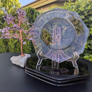 1940-60 Hazel Atlas Moroccan Amethyst Octagonal Dinner 9 3/8&quot; Plate Set of 4 (Raised Outer Edge) Pressed Glass (Read Description)