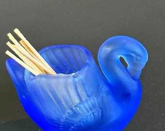 Vintage Made in Taiwan Blue Frosted Satin Glass Swan toothpick Holder