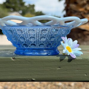 VTG Imperial Glass Open Lace Edge Button Sugar Cane Katy Blue Opalescent Bowl 6&quot;