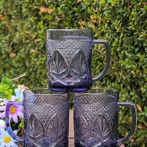 Vintage Cristral D' Arques Durand Antique Amethyst/Purple Pressed Glass Handled Mugs Set of 3