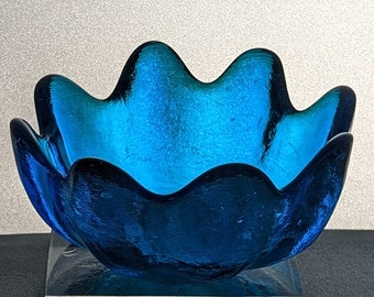 Vintage Blenko Art Glass Blue Lotus Petal Bowl No. 6143 S- Art Glass Bowl-Handcrafted-Hand Blown-MCM Decor