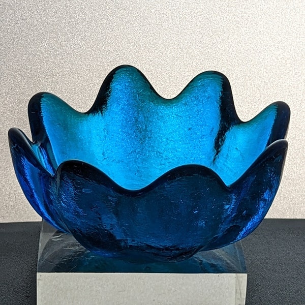 Vintage Blenko Art Glass Blue Lotus Petal Bowl No. 6143 S- Art Glass Bowl-Handcrafted-Hand Blown-MCM Decor