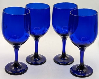 1960-90 4 Libbey Cobalt Blue Water/Wine Glasses Set -MCM Barware-Blue Stemware-Drinkware