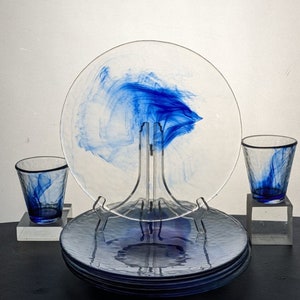 Vintage Murano Cobalt Blue Swirl Art Glass Rocks Glasses & Dinner Plates