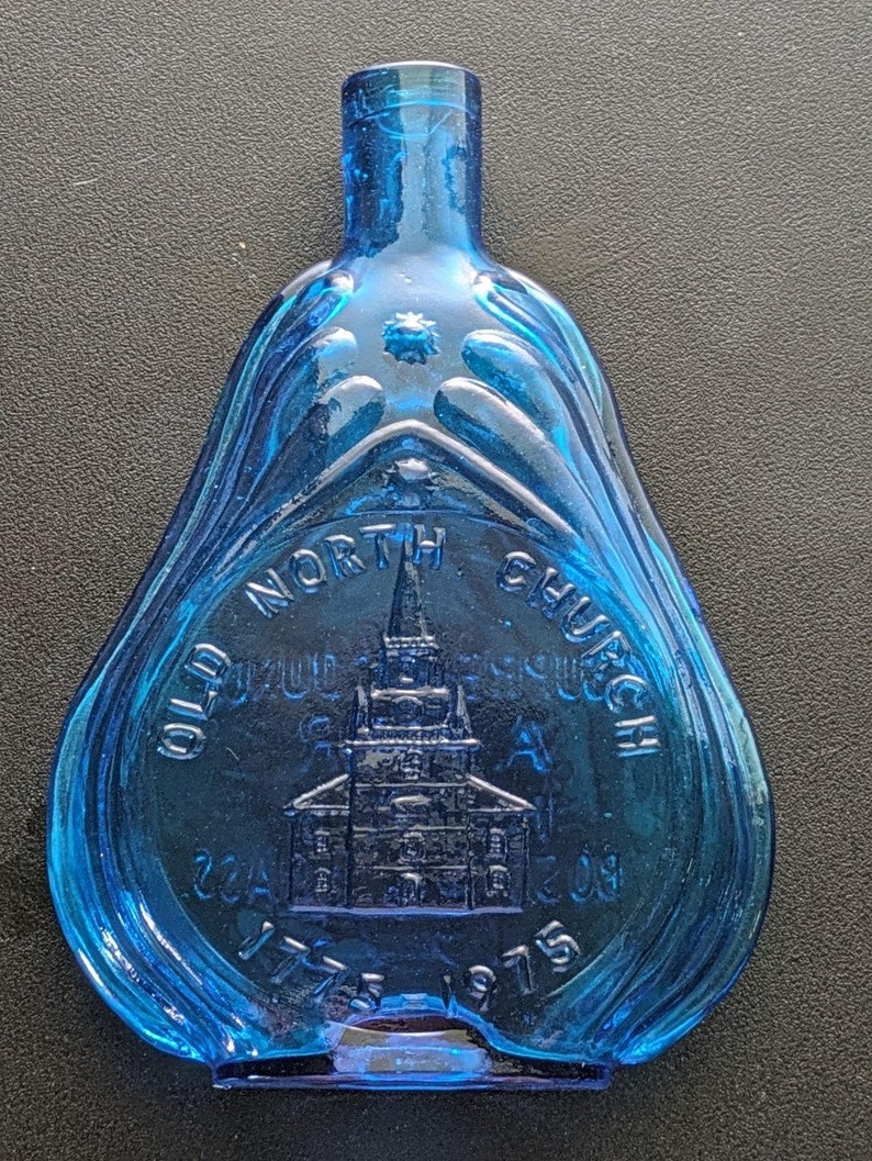 1970S Clevenger Bros Blue the North Church Scroll Flask Hand Made/ Mold ...