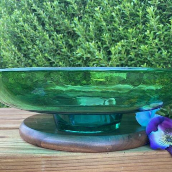 VTG Possibly 1961 Blenko Art Glass Green Gradient to Teal Center Piece Bowl-Console Bowl Pedestal #5719-Art Glass Center Bowl-MCM Art Glass