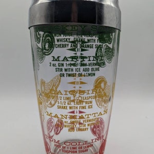 Retro 20 Oz Mr. Bartender Cocktail Shaker W/Not Original Lid, Red Yellow,Green/Fruits/ Daiquiri/Martini/Manhattan/Tom Collins/Whiskey Sour