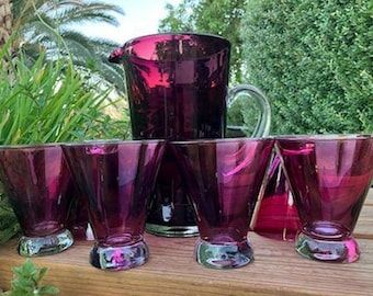 MCM Blenko Style Art Glass Pitcher Dark Plumy-Cranberry Clear Handle & 6 Tarnow Poland Purple/Cranberry Rose Cased Glasses(Sold Separately)