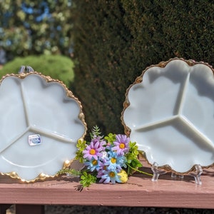 1960 Anchor Hocking Fire King 896 Pattern Milk Glass Gold Trim Relish Dish 3 divided Section Unmarked-Fire King Swirl Anniversary Collection