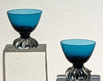 1970S Aseda Sweden Bo Borgstrom Blue Cordial Glasses Hand Blown Glasses Set of 2-MCM Barware-Drinkware-Scandinavian Design