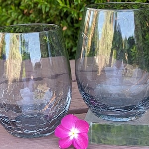 Vintage Pier 1 Crackle Blue Mist Stemless Wine Glasses Set of 2 Blown Glassware- Grey Blue Smoke Glass