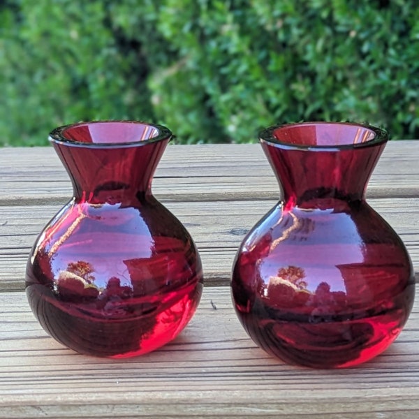 Vintage Mini Jeweled Vase- Ruby Red Small 3.5 Inch Bud Vase Polish Blown Glass-Made in Poland-Sold Separately-Minimalist Design