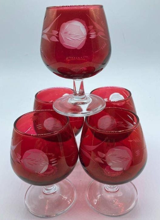 Set of 4 - 3 Oz Footed Golf Ball Ruby Wine Glasses by MORGANTOWN - Ruby Lane