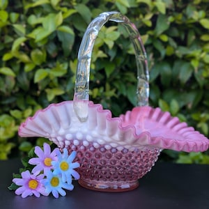 1940-1977 Fenton Cranberry/Pink/White Opalescent Hobnail 10&quot; Basket Crimped Edge Art Glass/MCM Decor/Home Decor/MCM Glass