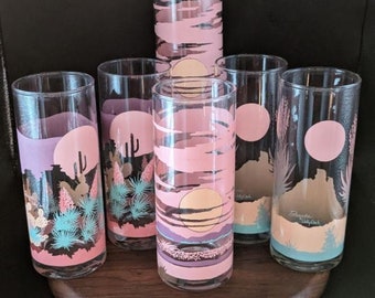 1980 Panache by Wolly Clark & Patrick Flowse 12 Oz Flat Tumblers/Tom Collins Set 6 Desert Landscape Drinking Glasees