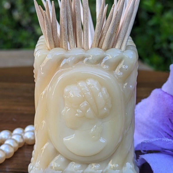 Vintage Victorian Child/Woman Profile Face Cameo Almond Colored Milk Glass Glass Toothpick Holder