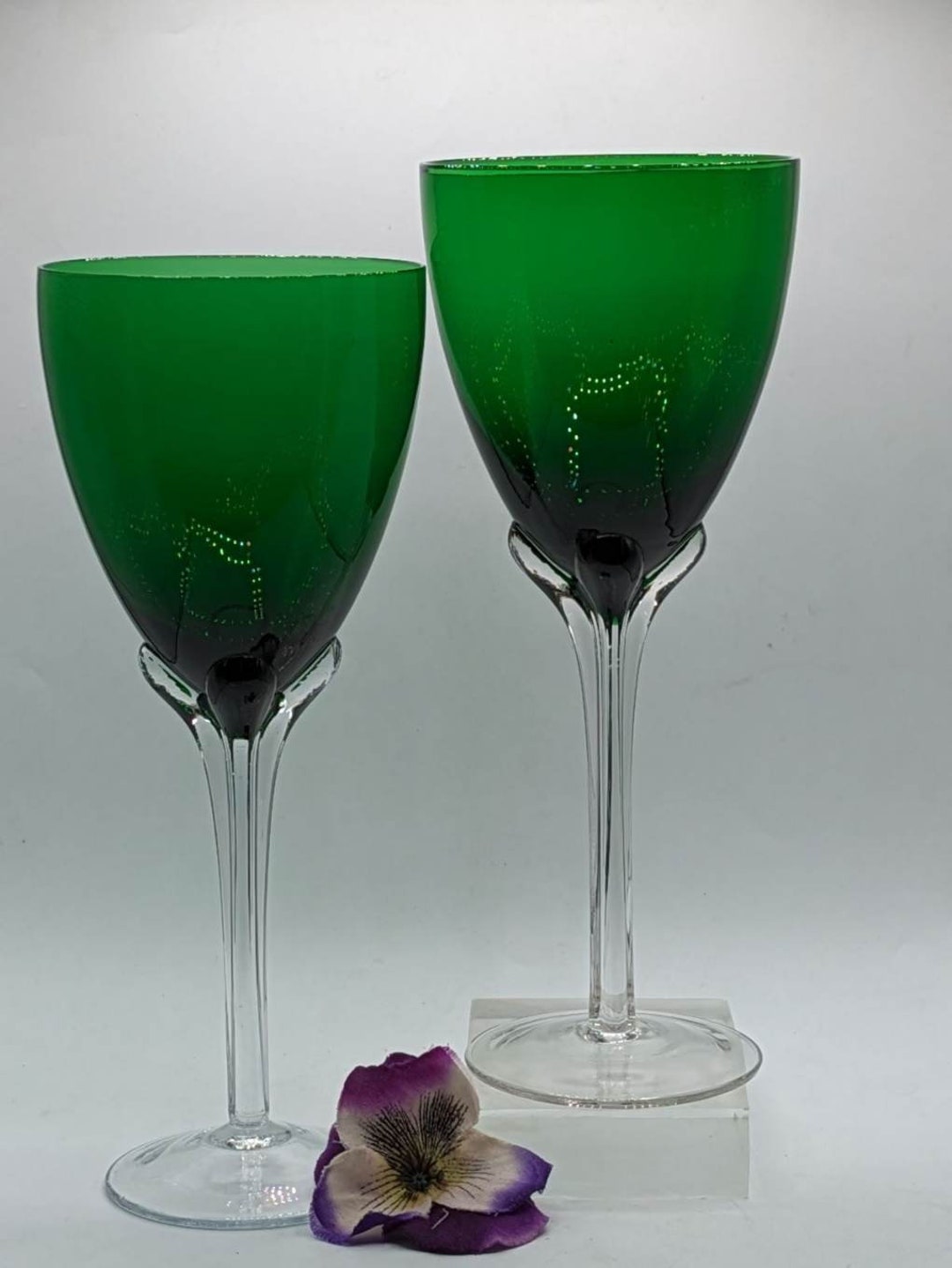 Vintage Murano Art Glass Green & Clear Tulip Ribbed Stem Tall Goblet