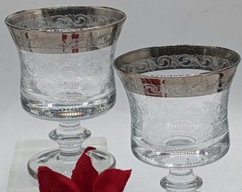 1960S Murano Medici Crystal Flared Etched Glass & Platinum Banded Rims Wine Glasses Set made In Italy/Italian Drinkware/MCM Crystal Barware