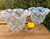 Vintage French Opalescent Dot Lamp Shades Set of 2 Fenton Style Antique Art Glass Ruffle Edge Lamp Shades