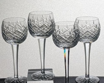 1985 - 1997 Astral Mira Cut Crystal Hock Wine Glasses Set of 4/Criss-Cross & Vertical Cut On Bowl