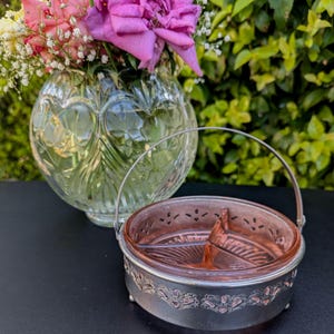 Vintage Metal Holder W/Pink Glass Divided Relish Dish/Depression Glass/Victorian Style/Cottage Core Decor