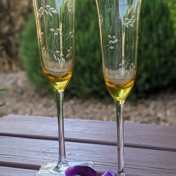 Vintage Block Crystal Etched Amber/Yellow Champagne Flutes Set of 2/Toasting Glasses/Gift/Read Description