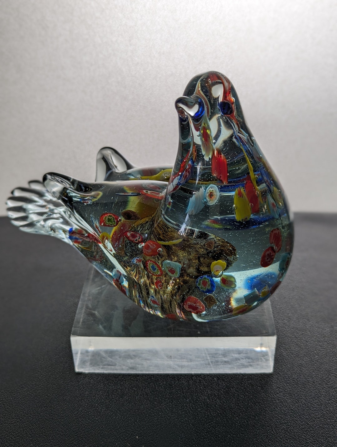 VTG GCA Art Glass Blown Bird W/multicolored Millefiori & Silver, Copper