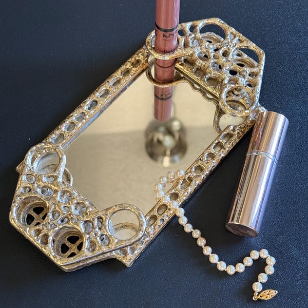 Vintage Late 1940S-60S Metal Lipstick Holder Mirror Vanity Tray Gold Finish