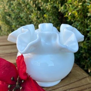 1933-80 Fenton 3&quot; Milk Glass Double Crimped Vase/Bowl/Decorative Glass/Art Glass/Mini Bud Vase/Bowl