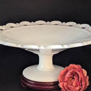 1950-60 Anchor Hocking Milk Glass Old Colony Lace Edge Pedestal, Concave Plate, Fruit Bowl, 4&quot; Height Open Compote, Rum Well