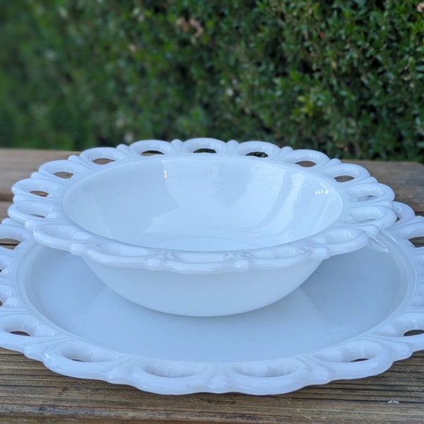 1960 Anchor Hocking Old Colony Milk Glass Reticulated Lace Edge Bowl and Platter Sold Separately