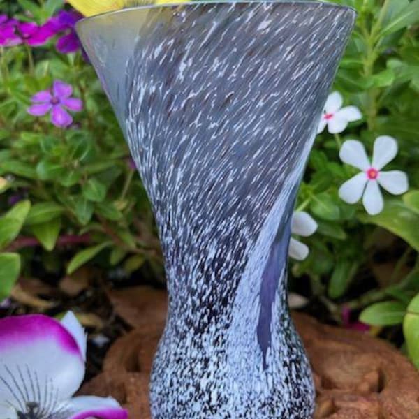 1980 Caithness Scottland Mini Art Glass White & Dark Purple, Clear Swirl Speckle Spatter Bud Vase-Unmarked-Blown Glass-Multicolored Glass